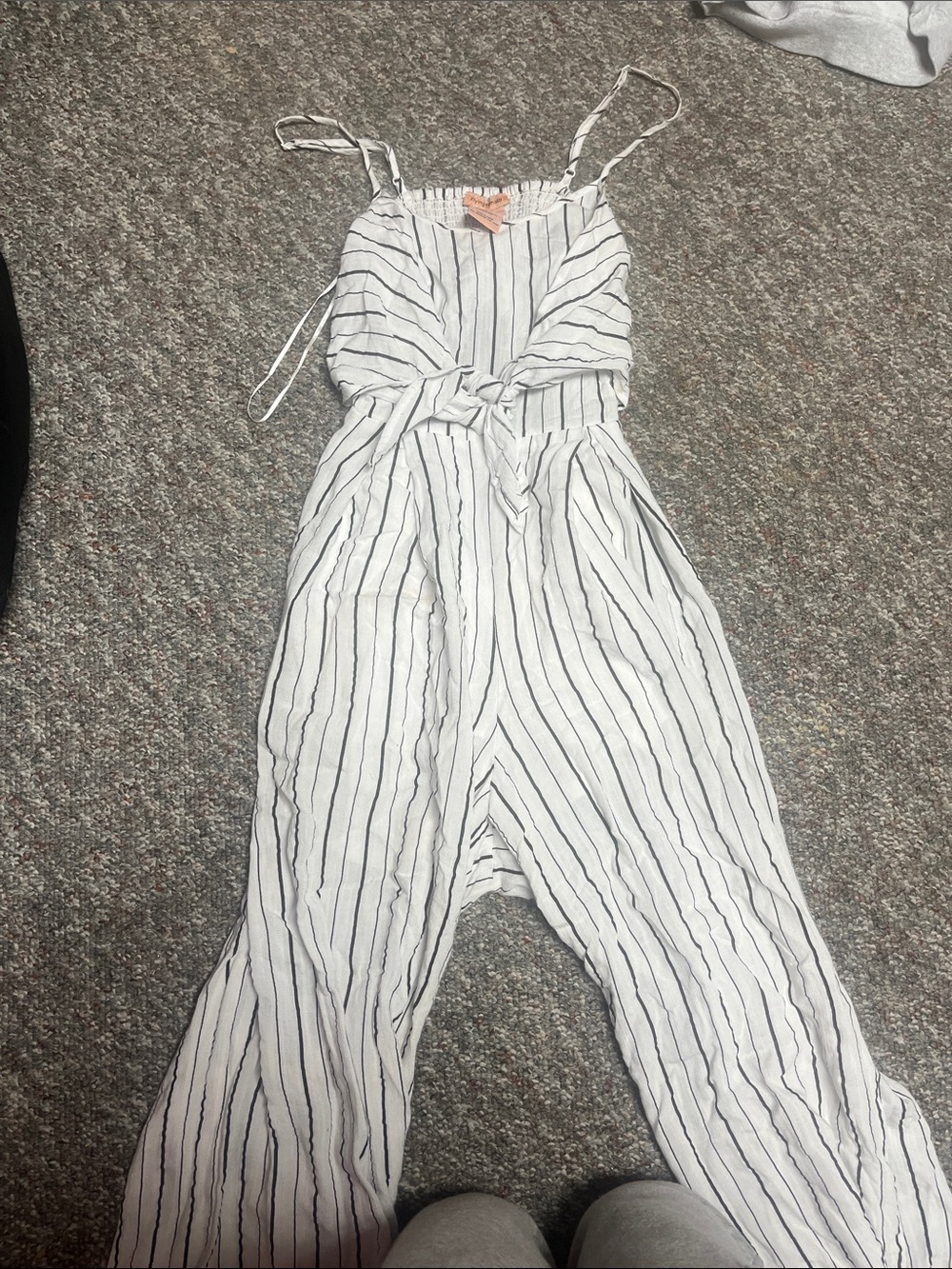 Flying Tomato White Jumpsuit with Black Vertical Stripes and Tie Waist